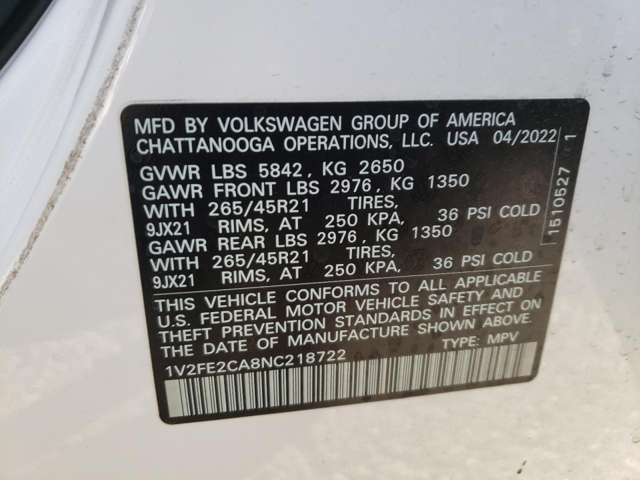 2022 VOLKSWAGEN ATLAS CROSS SPORT SEL PREMIUM R-LINE VIN:1V2FE2CA8NC218722