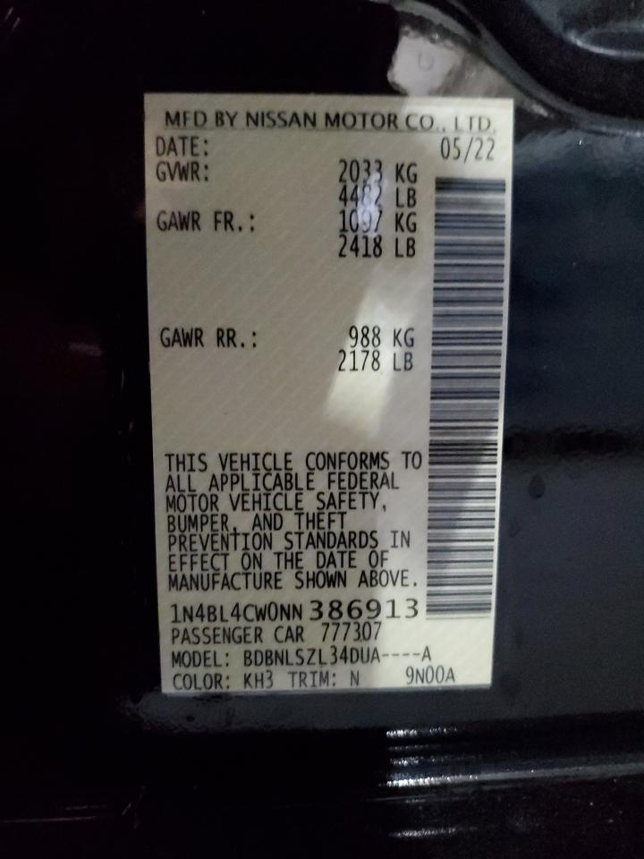 2022 NISSAN ALTIMA SR VIN:1N4BL4CW0NN386913