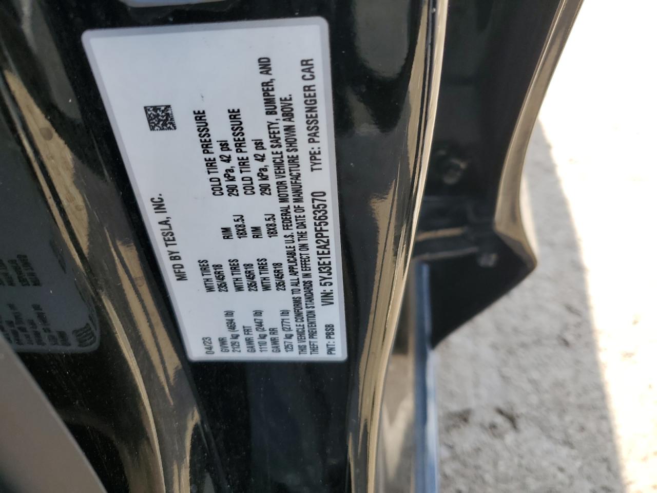 2023 TESLA MODEL 3  VIN:5YJ3E1EA2PF563570