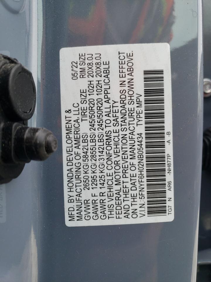 2022 HONDA PILOT ELITE VIN:5FNYF6H02NB054434