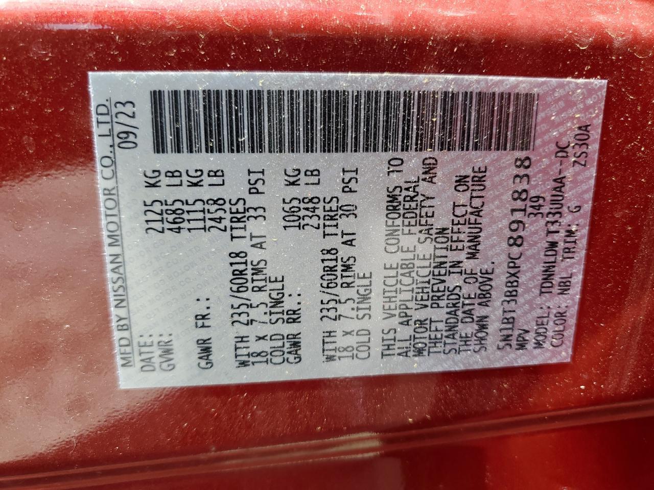 2023 NISSAN ROGUE SV VIN:5N1BT3BBXPC891838