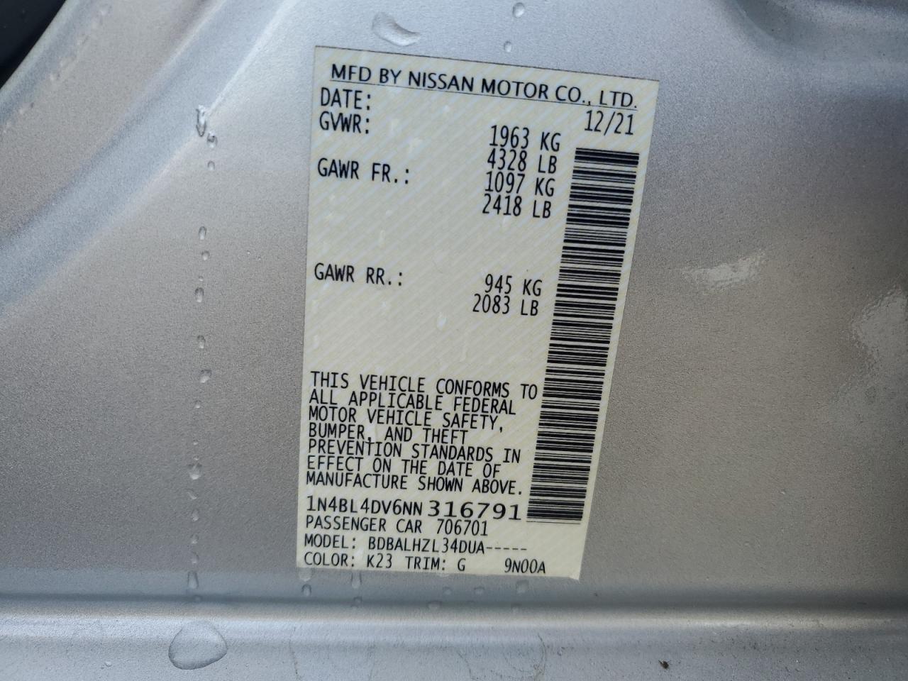 2022 NISSAN ALTIMA SV VIN:1N4BL4DV6NN316791