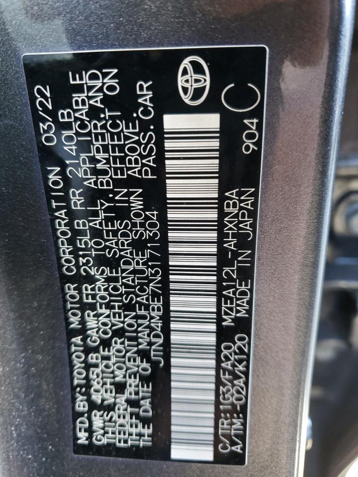 2022 TOYOTA COROLLA SE VIN:JTND4MBE7N3171304