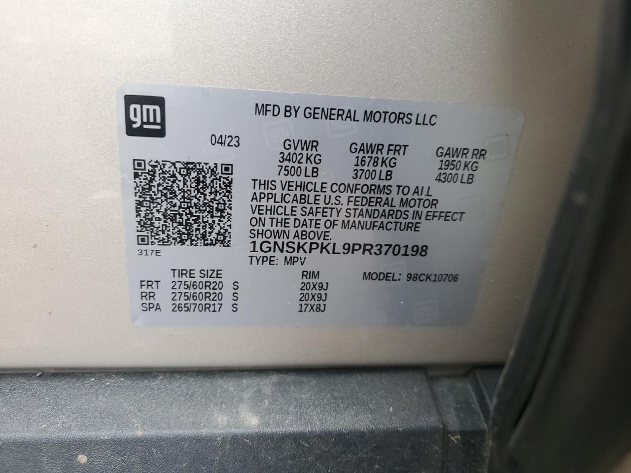 2023 CHEVROLET TAHOE K1500 Z71 VIN:1GNSKPKL9PR370198