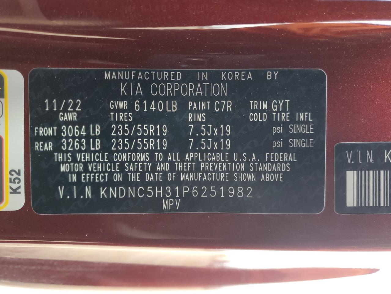 2023 KIA CARNIVAL EX VIN:KNDNC5H31P6251982