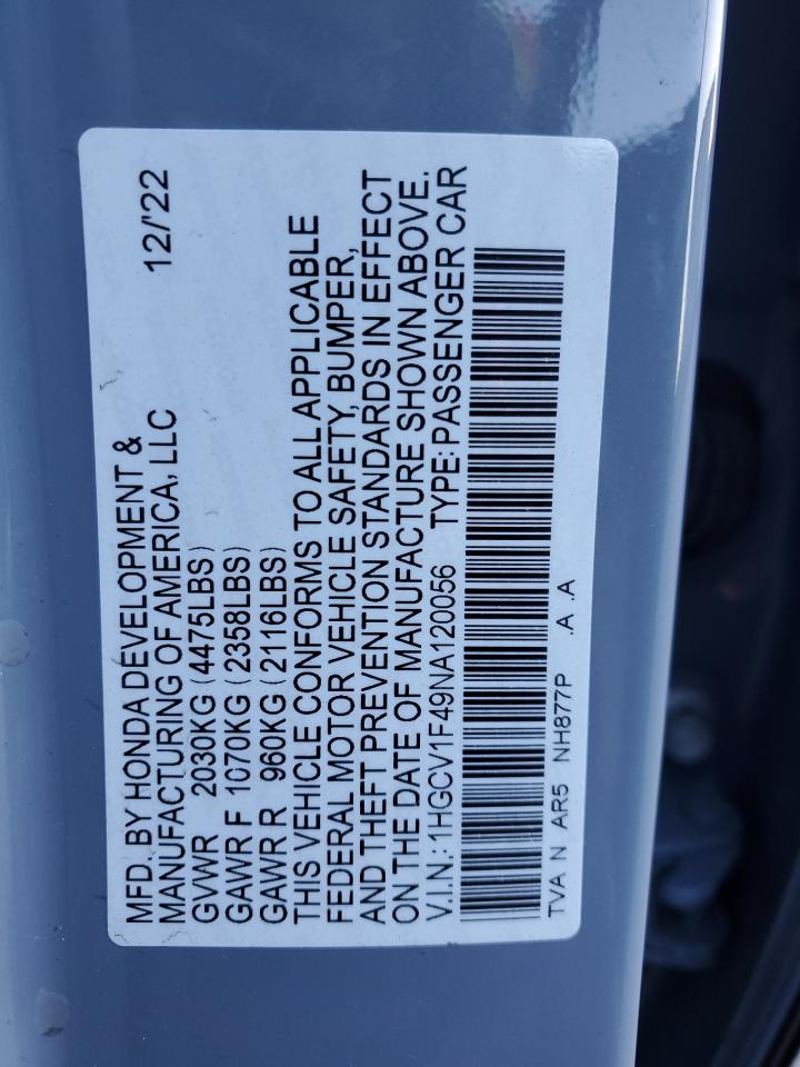 2022 HONDA ACCORD SPORT SE VIN:1HGCV1F49NA120056