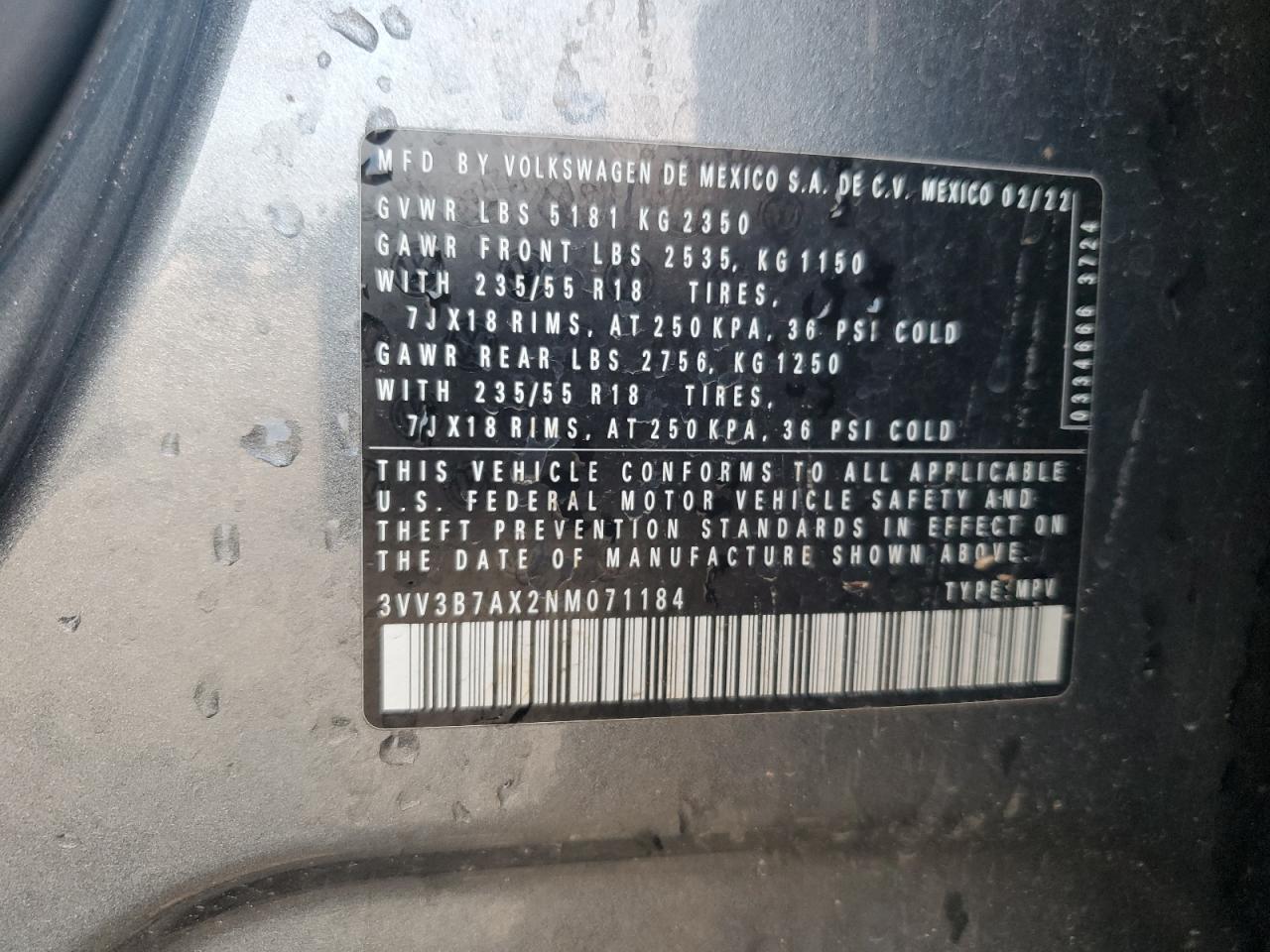 2022 VOLKSWAGEN TIGUAN SE VIN:3VV3B7AX2NM071184