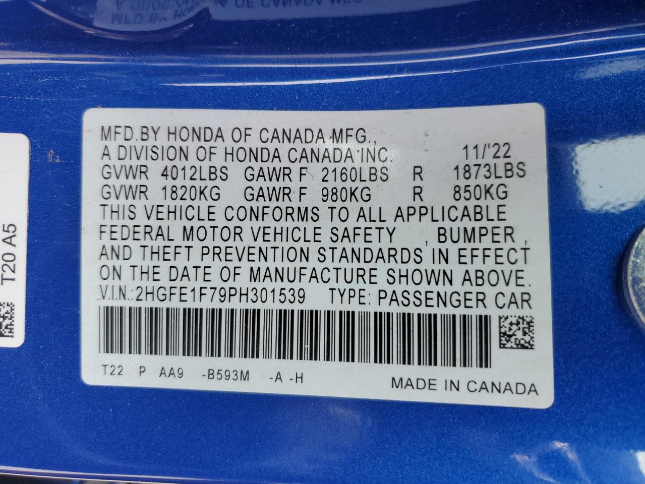 2023 HONDA CIVIC EX VIN:2HGFE1F79PH301539