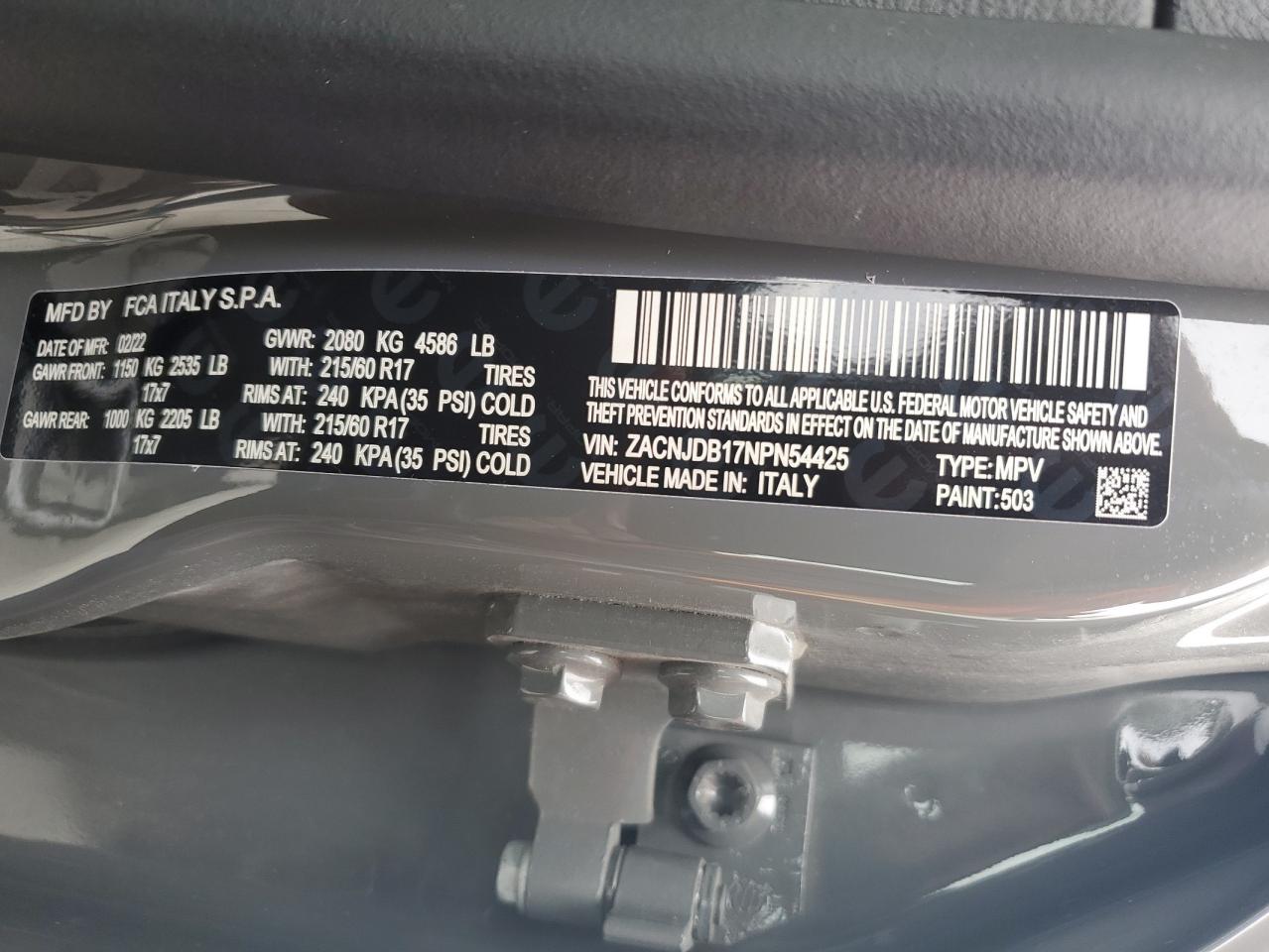 2022 JEEP RENEGADE LATITUDE VIN:ZACNJDB17NPN54425