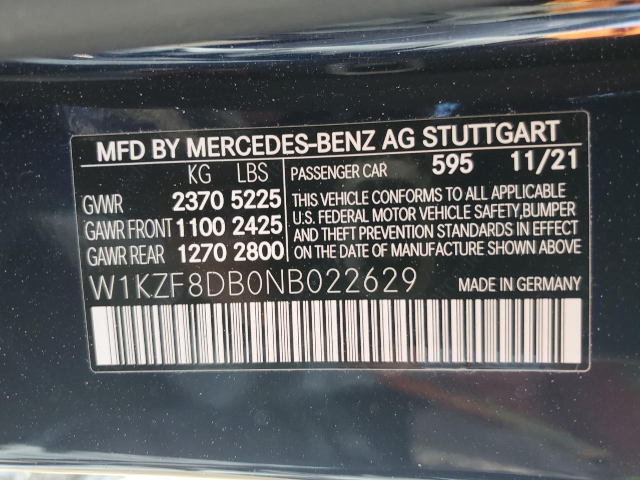 2022 MERCEDES-BENZ E 350 VIN:W1KZF8DB0NB022629