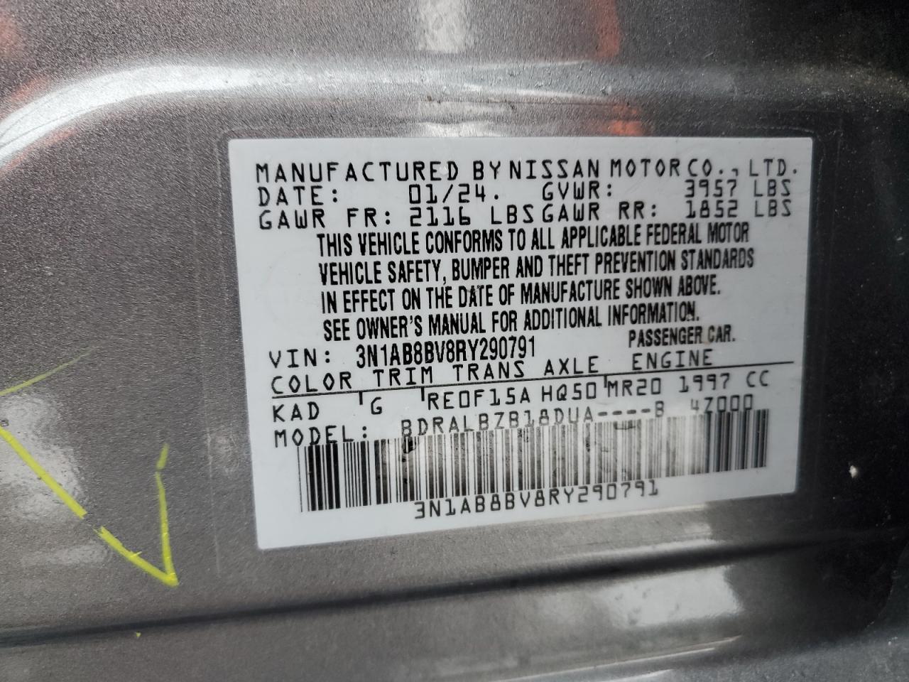 2024 NISSAN SENTRA S VIN:3N1AB8BV8RY290791