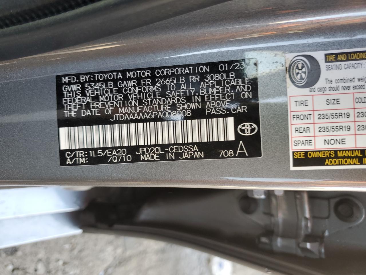 2023 TOYOTA MIRAI XLE VIN:JTDAAAAA6PA008008
