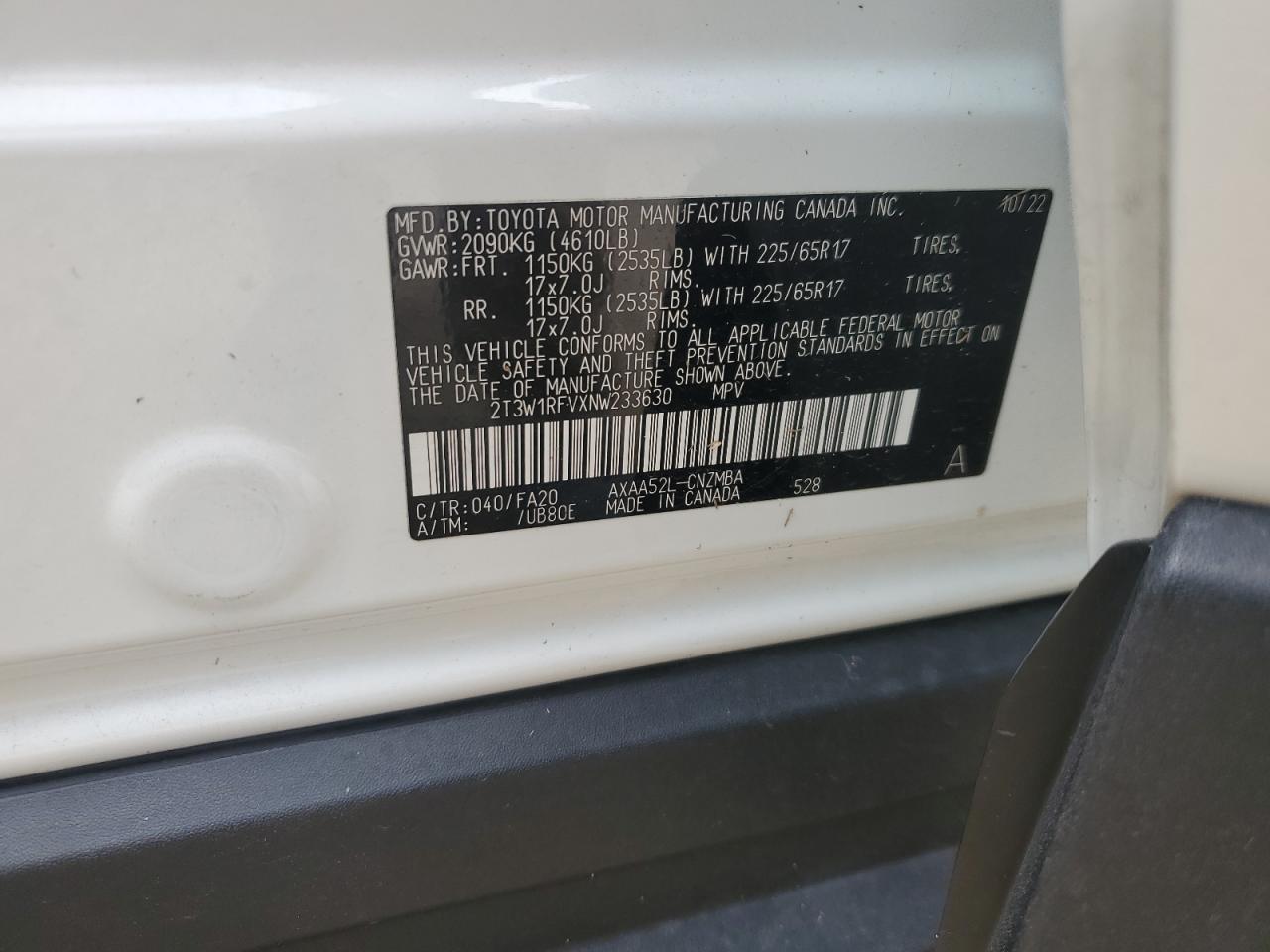 2022 TOYOTA RAV4 XLE VIN:2T3W1RFVXNW233630