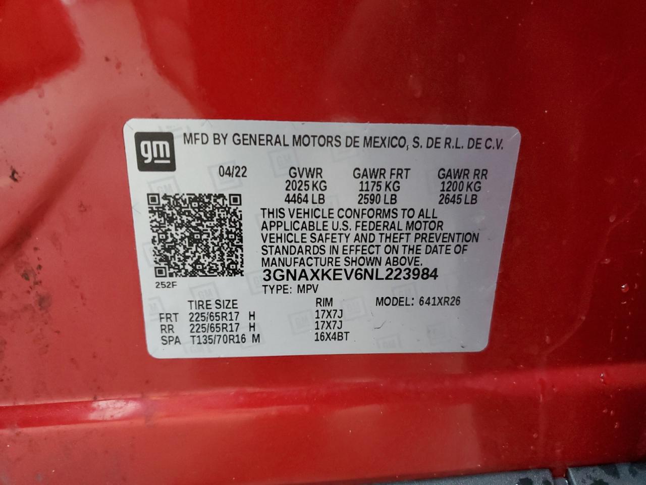 2022 CHEVROLET EQUINOX LT VIN:3GNAXKEV6NL223984