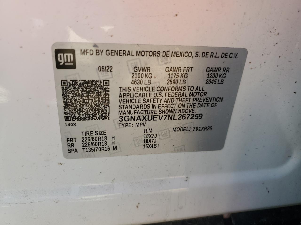 2022 CHEVROLET EQUINOX LT VIN:3GNAXUEV7NL267259