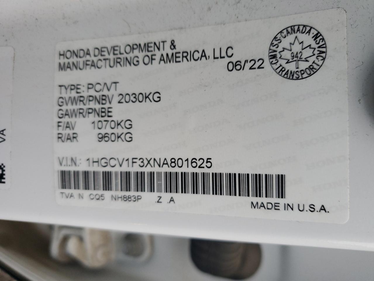 2022 HONDA ACCORD SPORT VIN:1HGCV1F3XNA801625