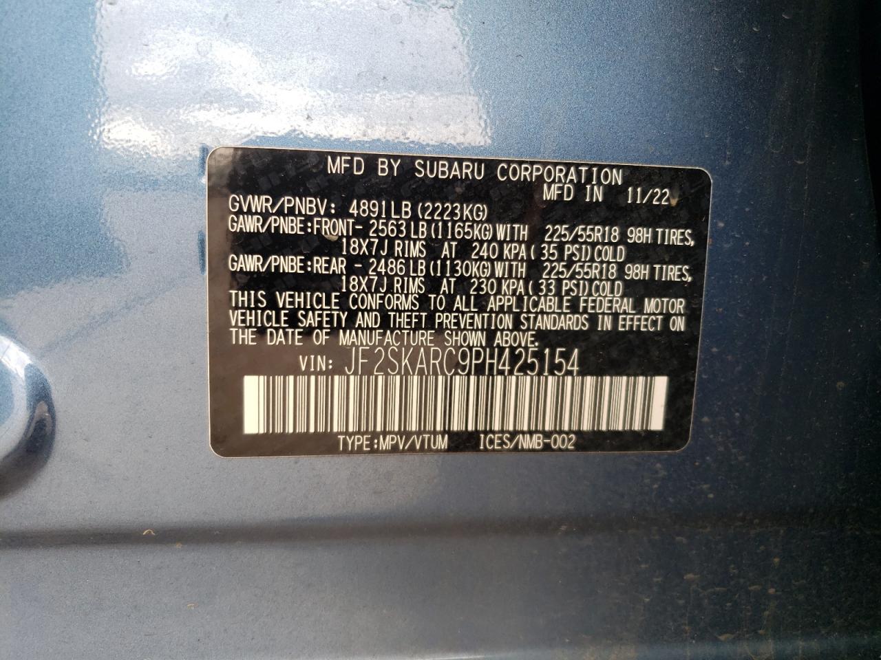 2023 SUBARU FORESTER TOURING VIN:JF2SKARC9PH425154