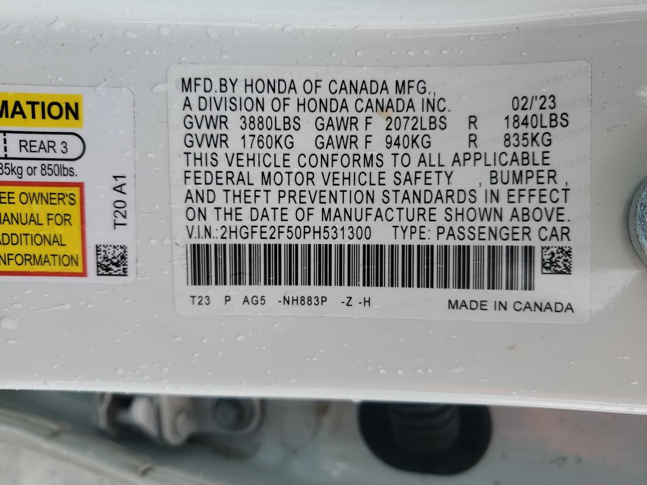 2023 HONDA CIVIC SPORT VIN:2HGFE2F50PH531300
