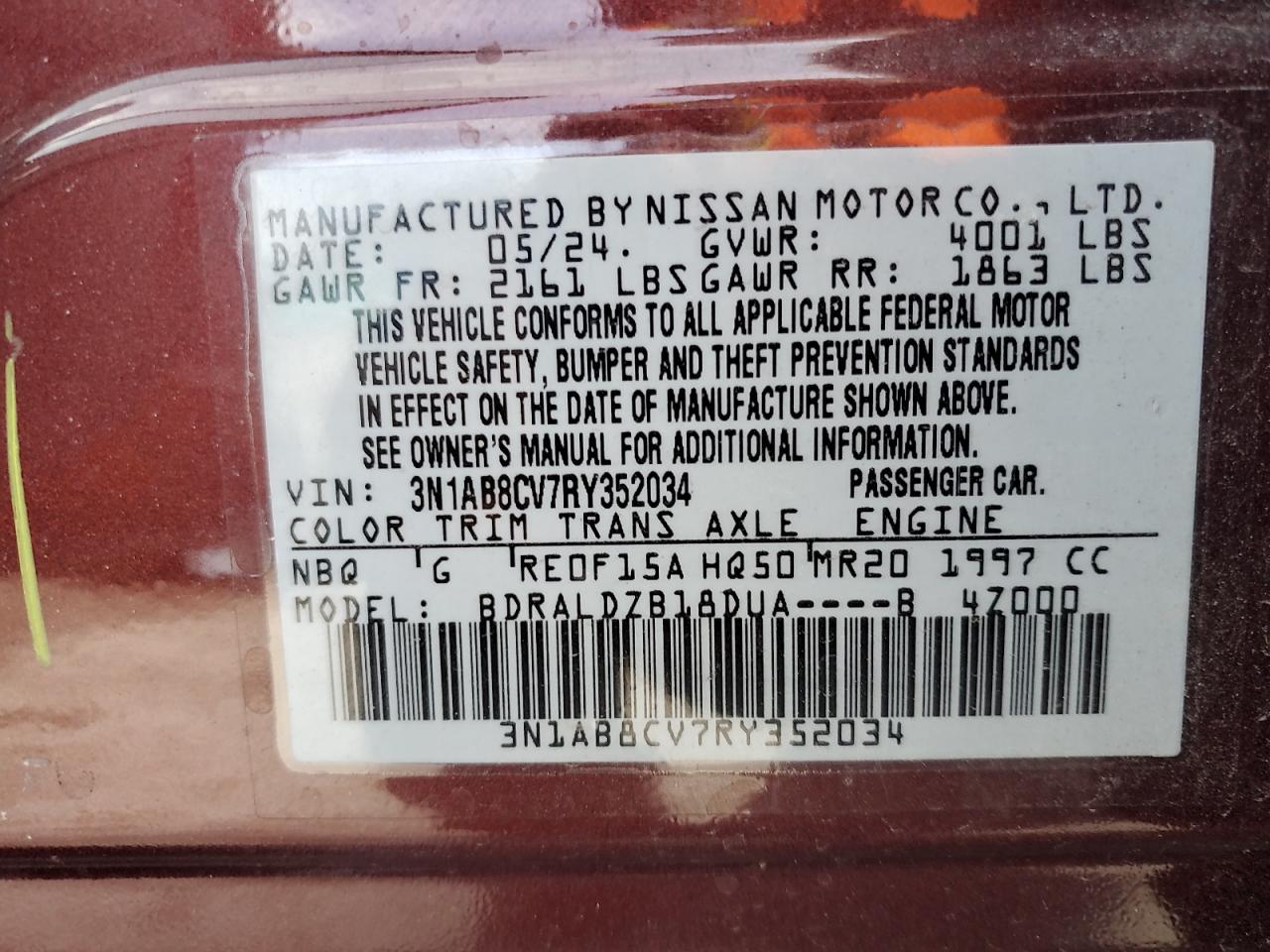 2024 NISSAN SENTRA SV VIN:3N1AB8CV7RY352034