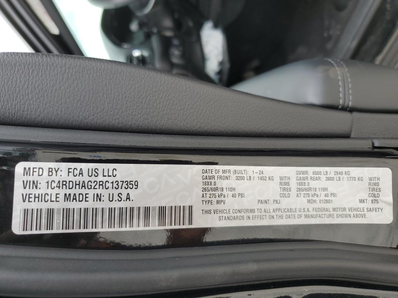 2024 DODGE DURANGO SXT VIN:1C4RDHAG2RC137359