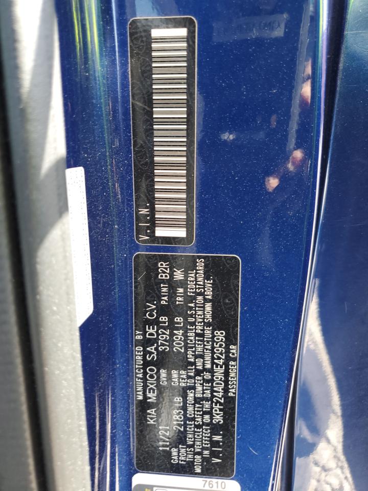 2022 KIA FORTE FE VIN:3KPF24AD9NE429598
