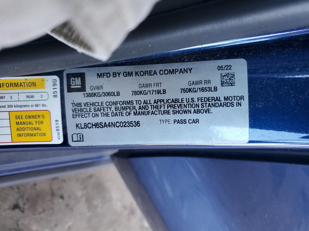 2022 CHEVROLET SPARK ACTIV VIN:KL8CH6SA4NC023536