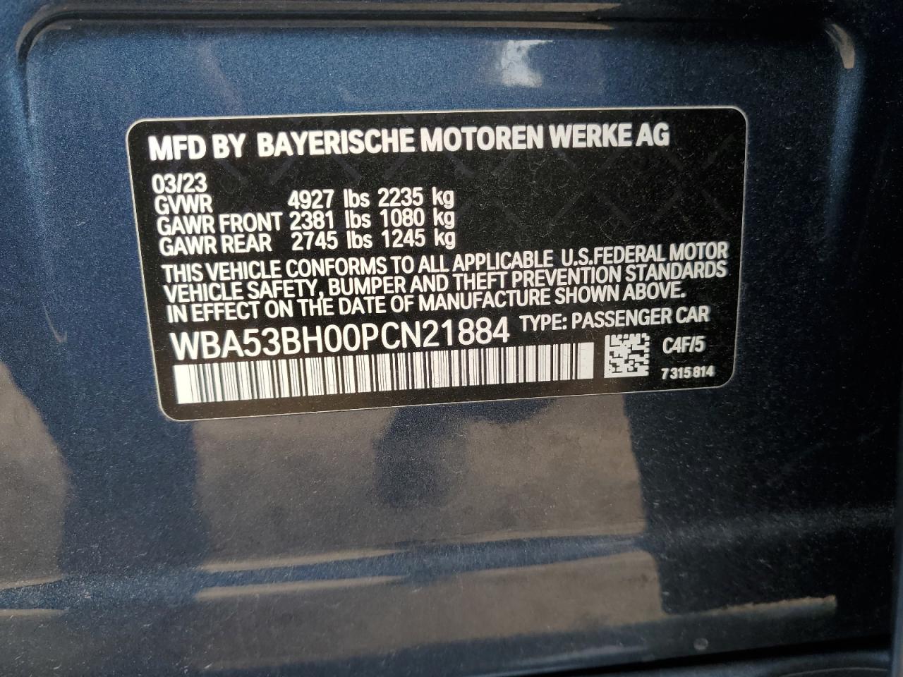 2023 BMW 530 I VIN:WBA53BH00PCN21884