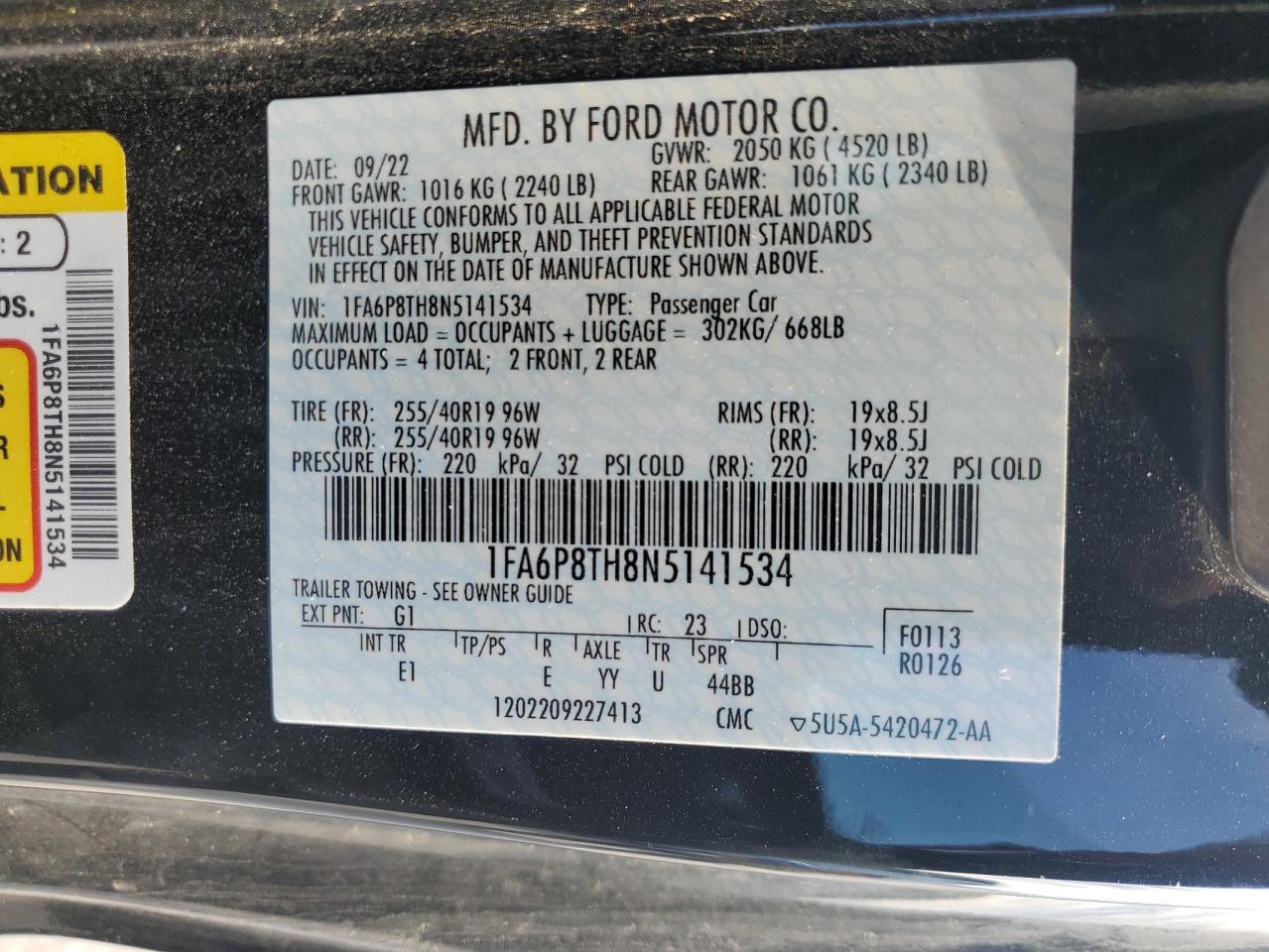 2022 FORD MUSTANG  VIN:1FA6P8TH8N5141534