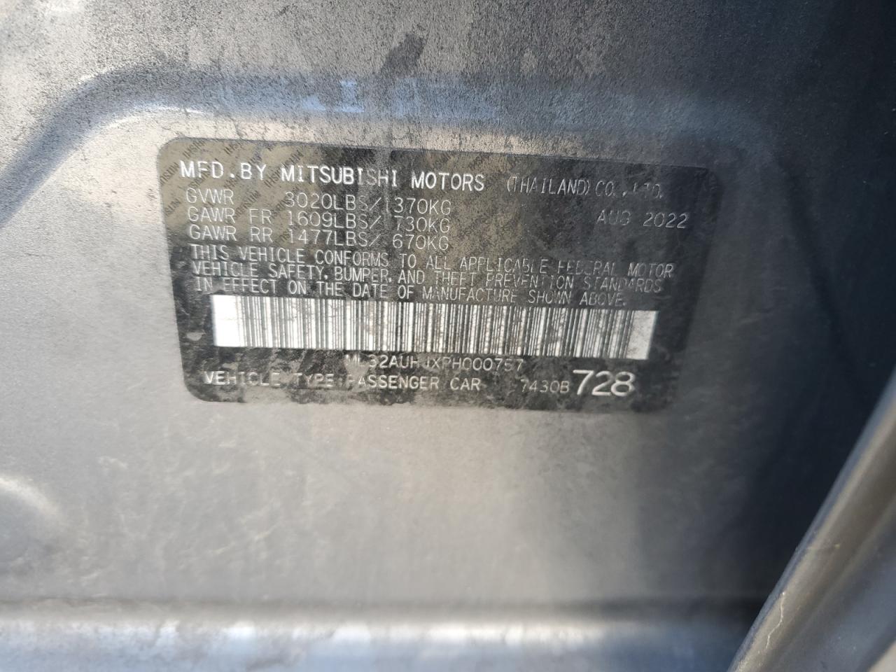 2023 MITSUBISHI MIRAGE ES VIN:ML32AUHJXPH000757