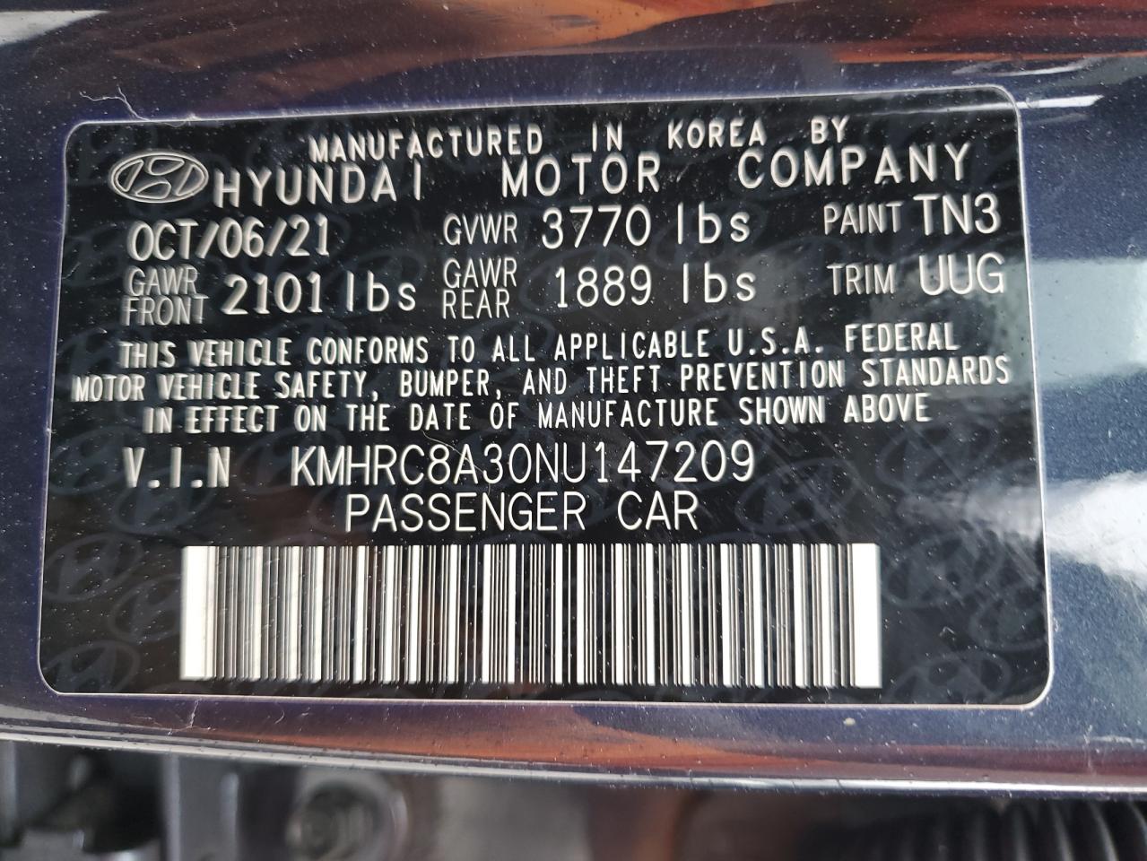 2022 HYUNDAI VENUE SEL VIN:KMHRC8A30NU147209