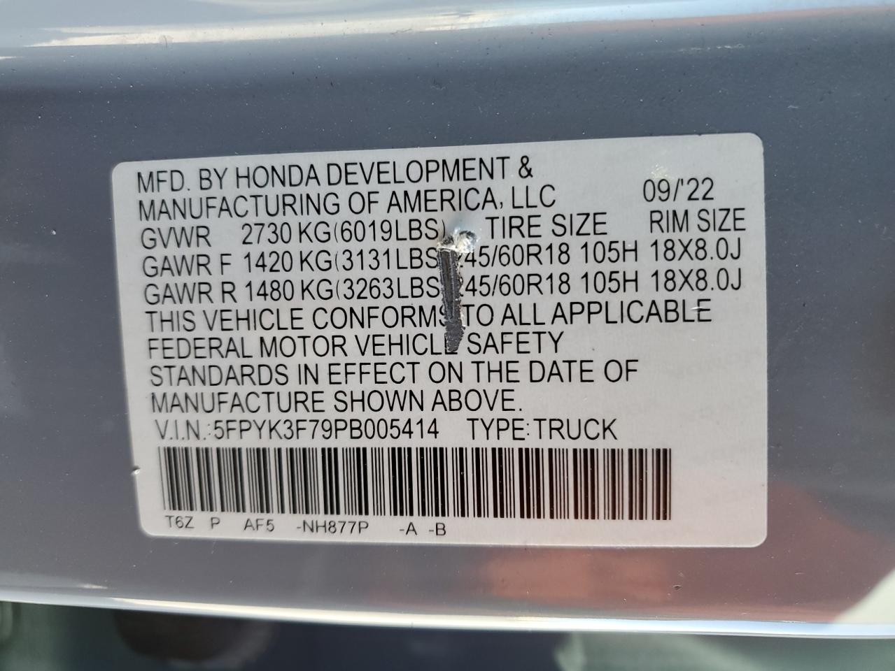 2023 HONDA RIDGELINE RTL-E VIN:5FPYK3F79PB005414