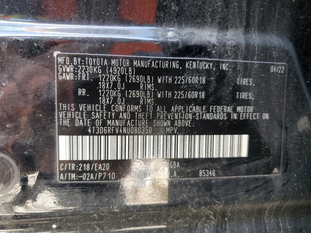 2022 TOYOTA RAV4 LIMITED VIN:4T3D6RFV4NU080350