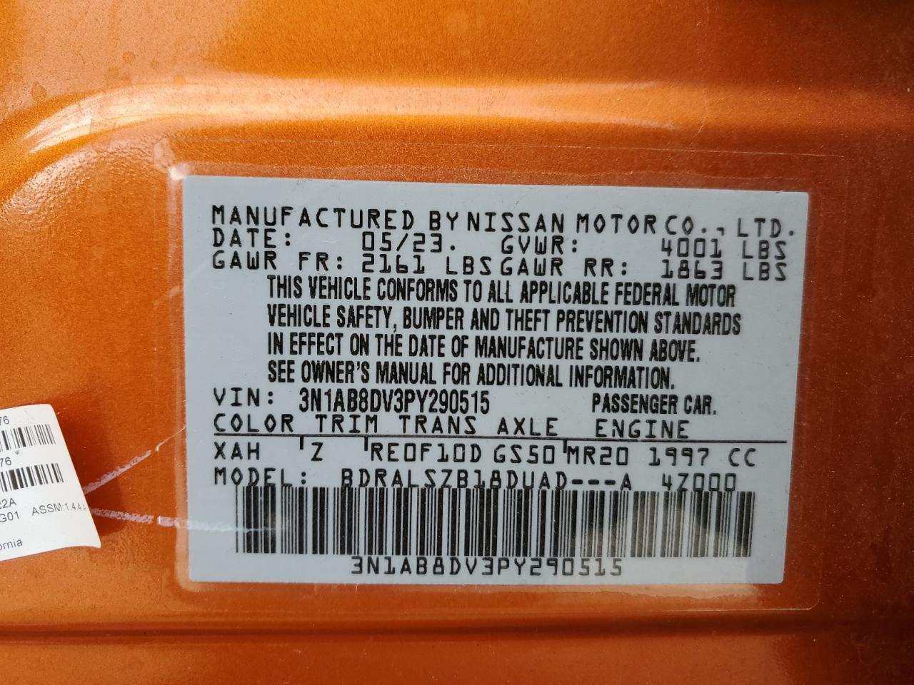 2023 NISSAN SENTRA SR VIN:3N1AB8DV3PY290515