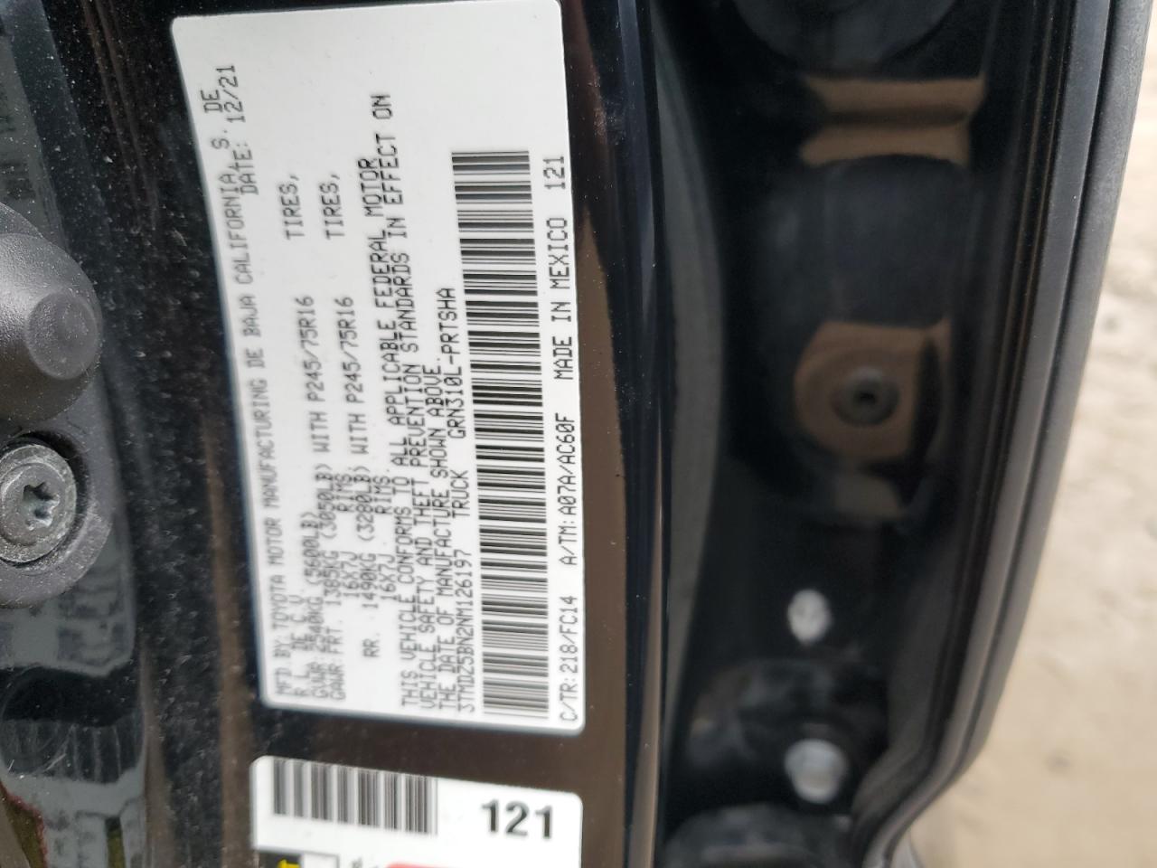 2022 TOYOTA TACOMA DOUBLE CAB VIN:3TMDZ5BN2NM126197