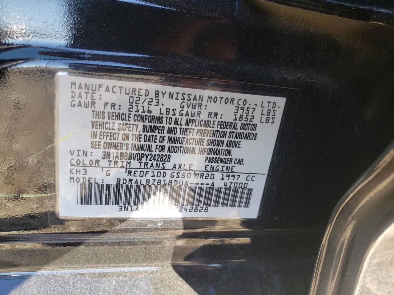 2023 NISSAN SENTRA S VIN:3N1AB8BV0PY242828