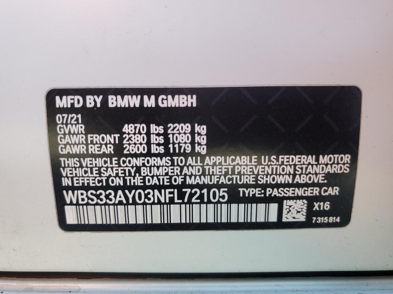 2022 BMW M3 COMPETITION VIN:WBS33AY03NFL72105