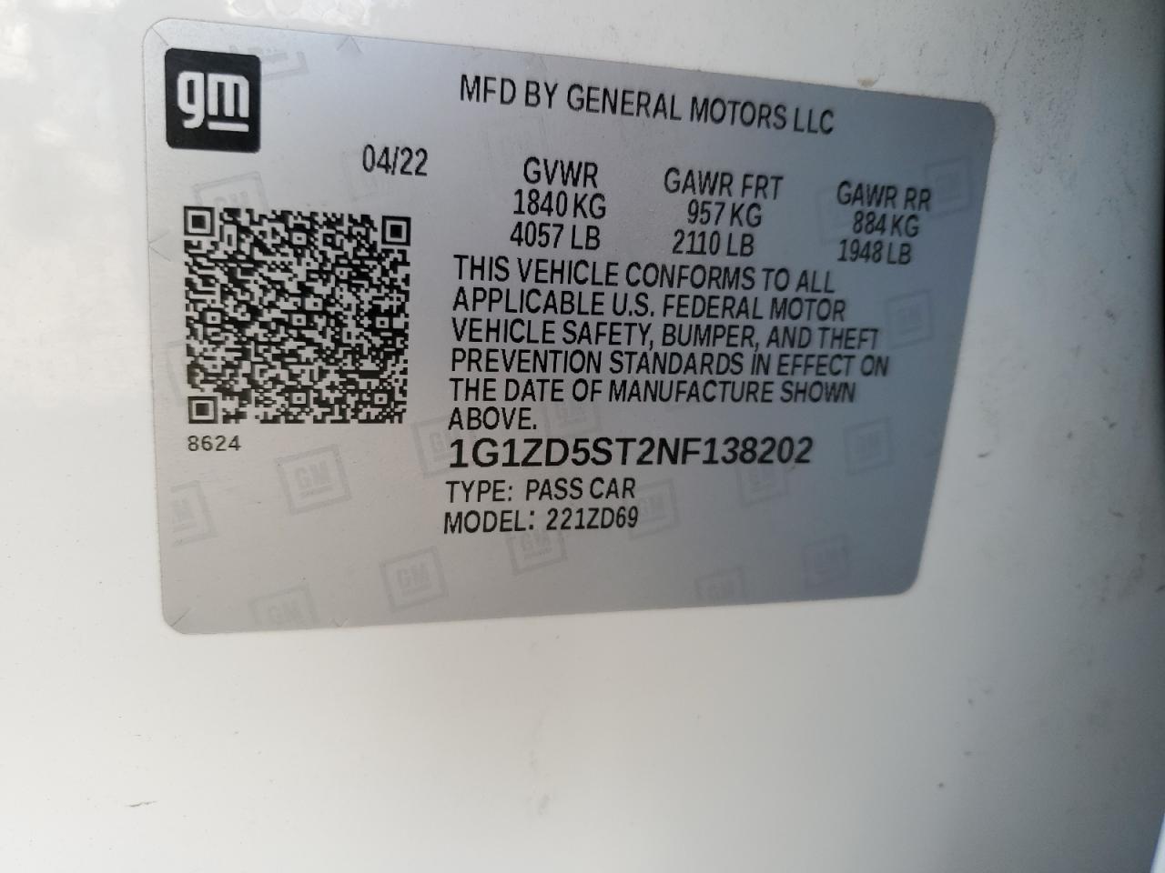 2022 CHEVROLET MALIBU LT VIN:1G1ZD5ST2NF138202