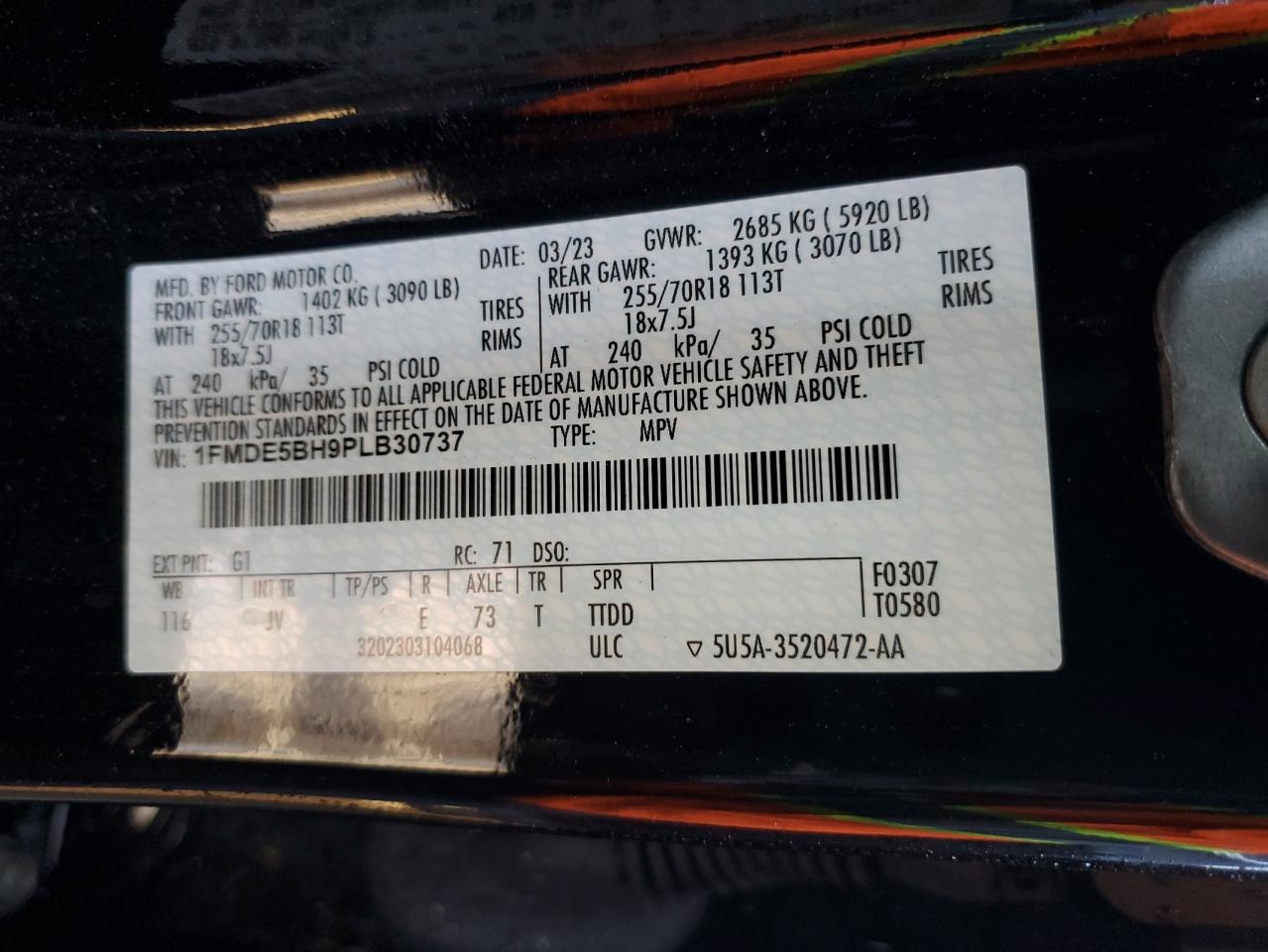 2023 FORD BRONCO BASE VIN:1FMDE5BH9PLB30737
