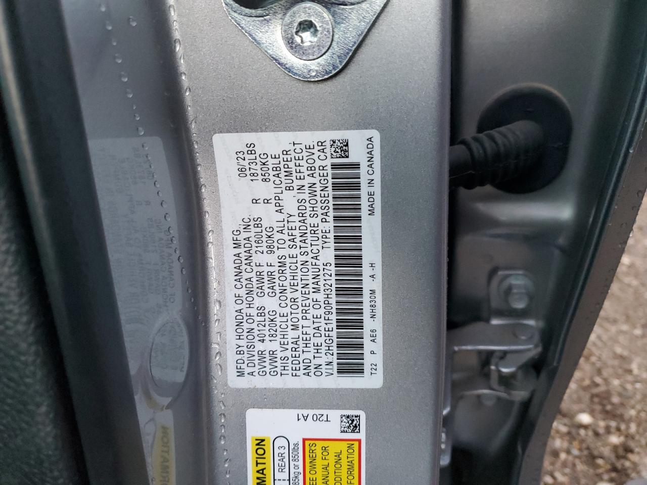 2023 HONDA CIVIC TOURING VIN:2HGFE1F90PH321275