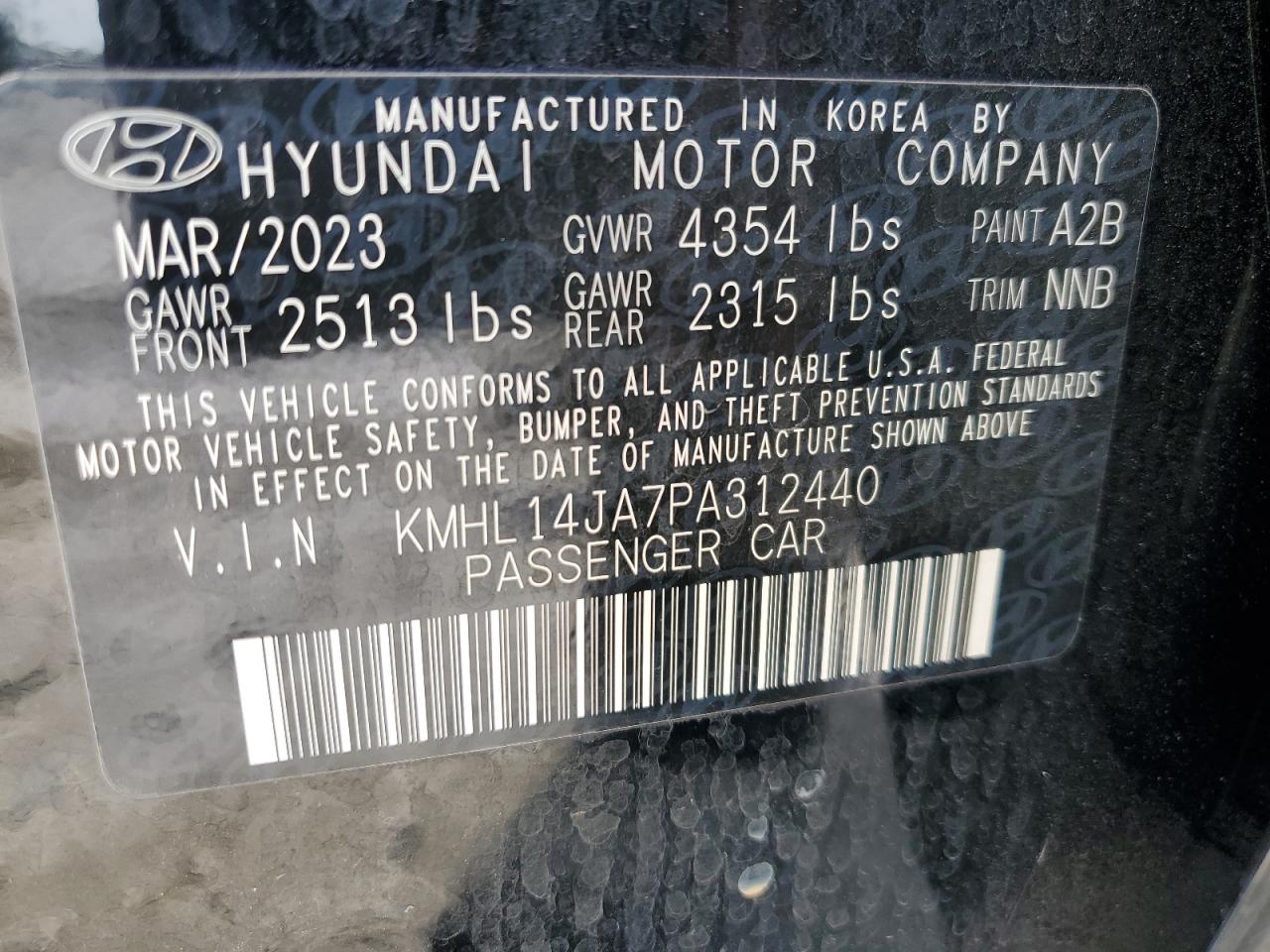 2023 HYUNDAI SONATA SEL VIN:KMHL14JA7PA312440