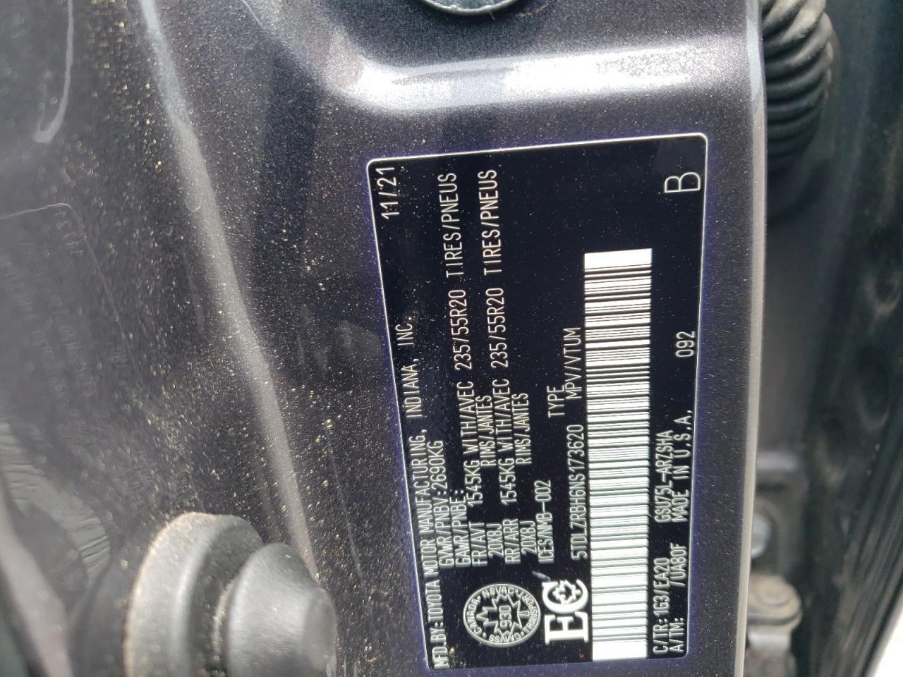 2022 TOYOTA HIGHLANDER XSE VIN:5TDLZRBH6NS173620