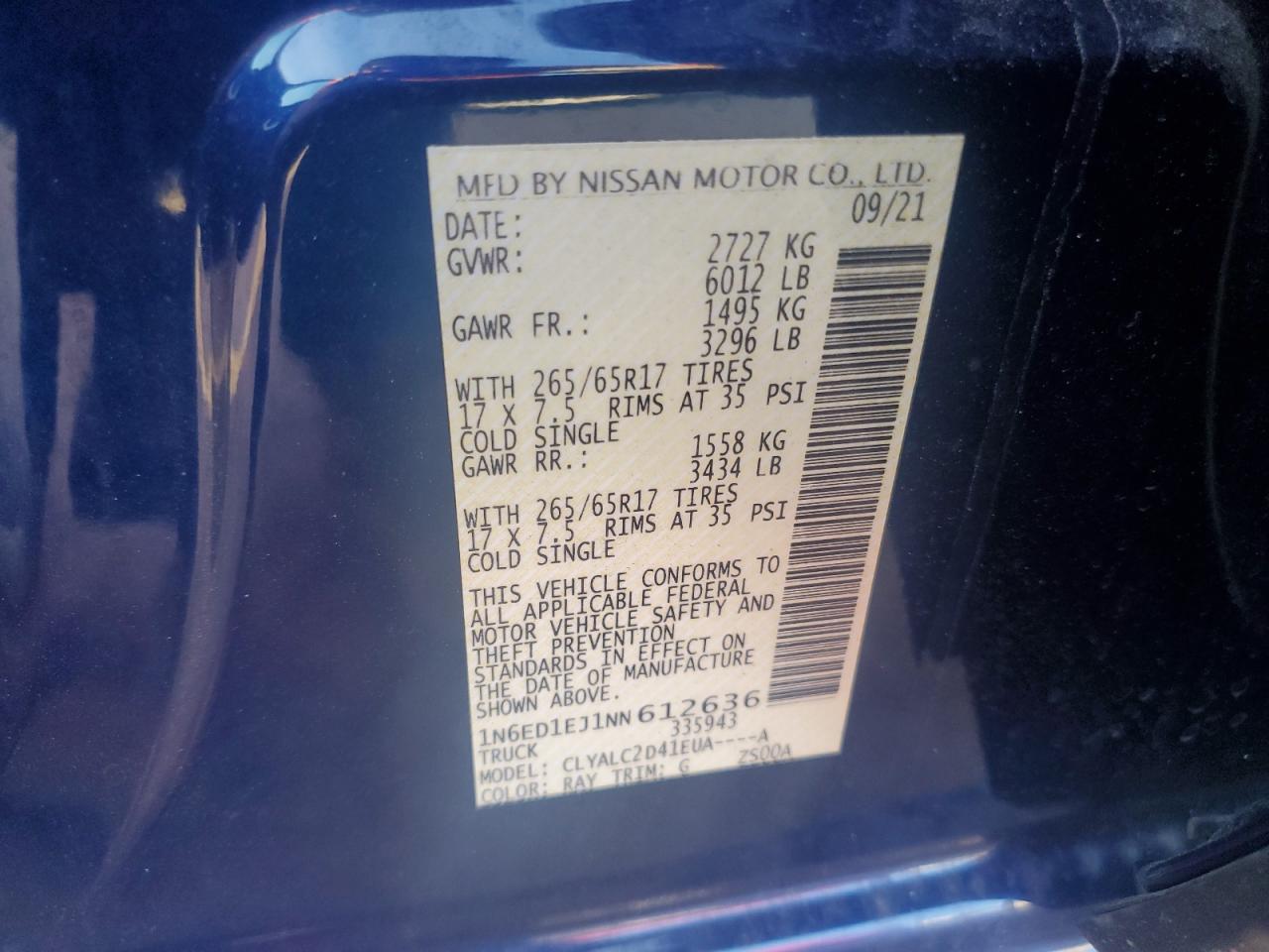 2022 NISSAN FRONTIER S VIN:1N6ED1EJ1NN612636