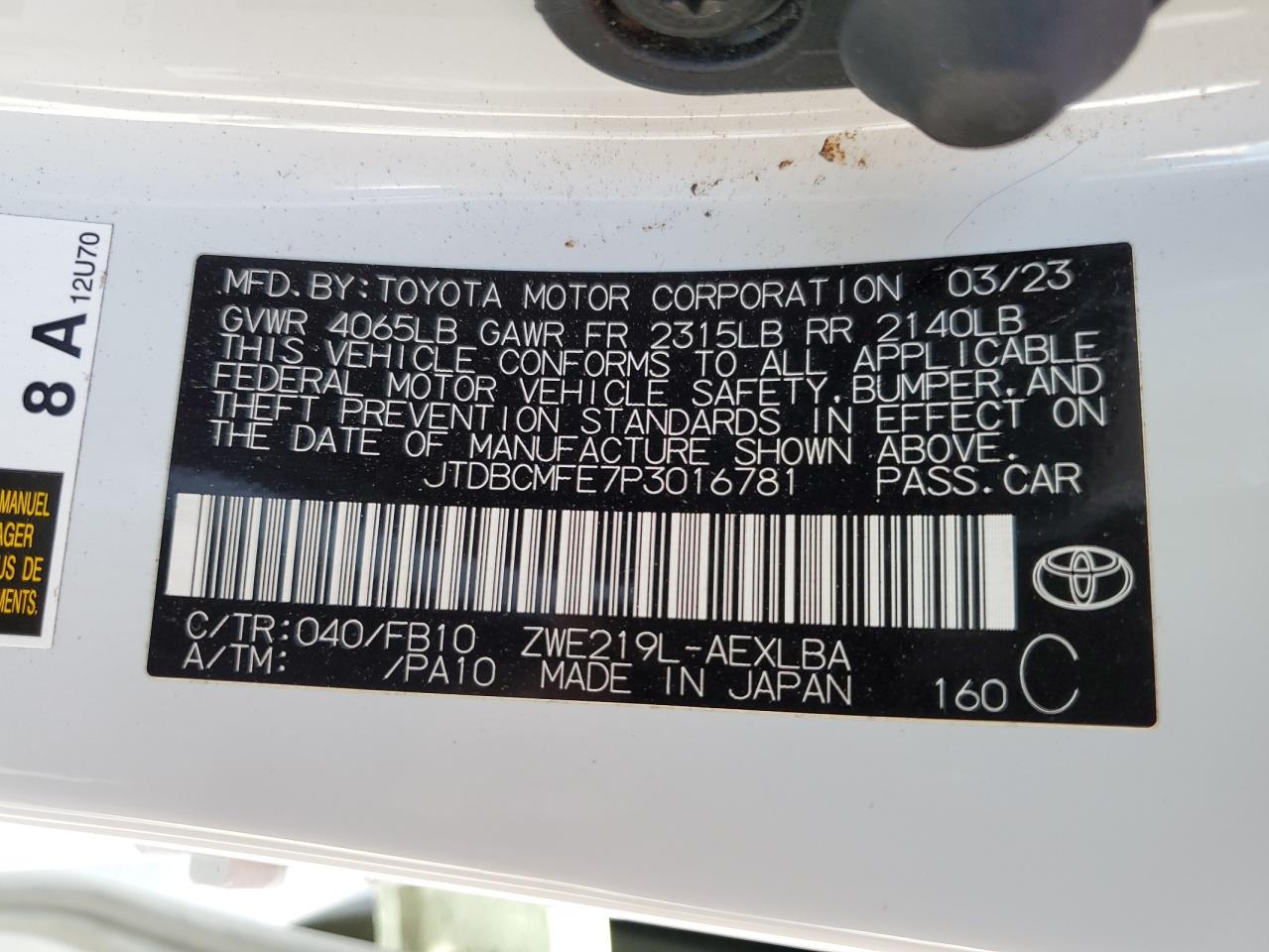 2023 TOYOTA COROLLA LE VIN:JTDBCMFE7P3016781