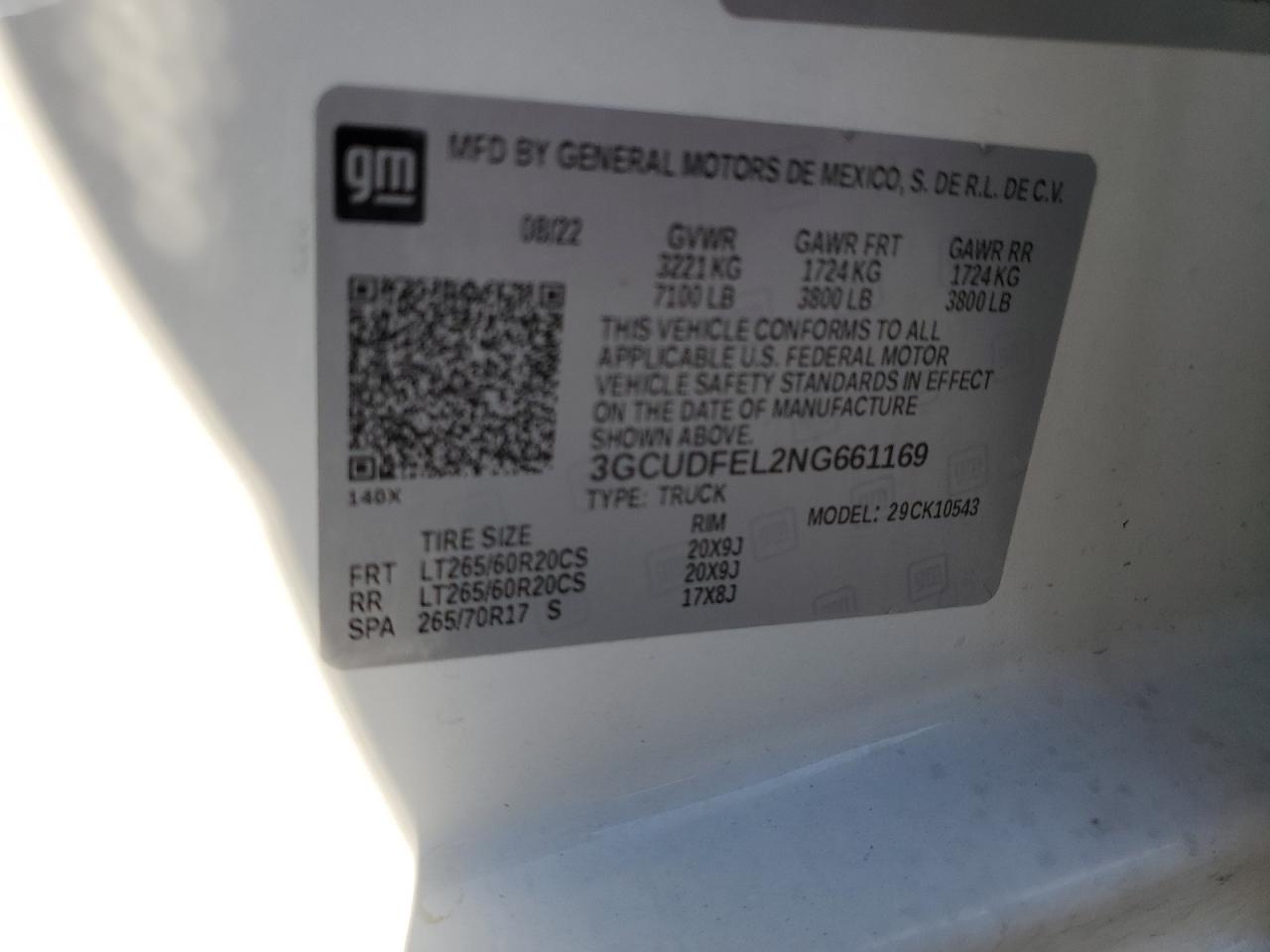 2022 CHEVROLET SILVERADO K1500 LT TRAIL BOSS VIN:3GCUDFEL2NG661169