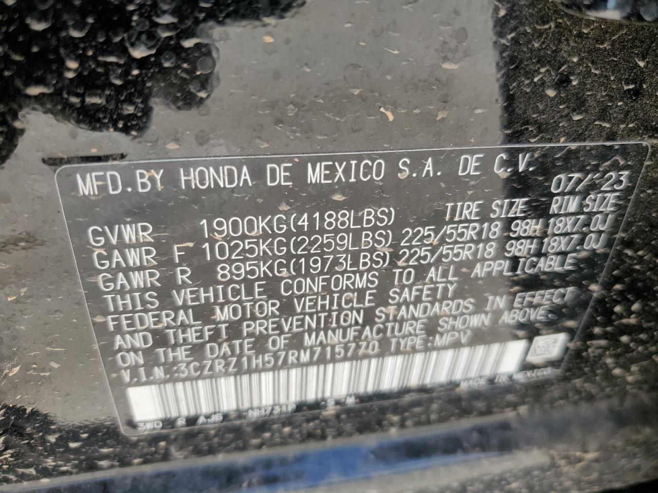 2024 HONDA HR-V SPORT VIN:3CZRZ1H57RM715770