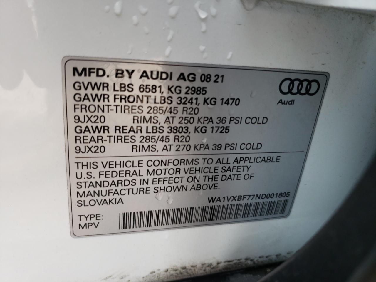 2022 AUDI Q7 PRESTIGE VIN:WA1VXBF77ND001805