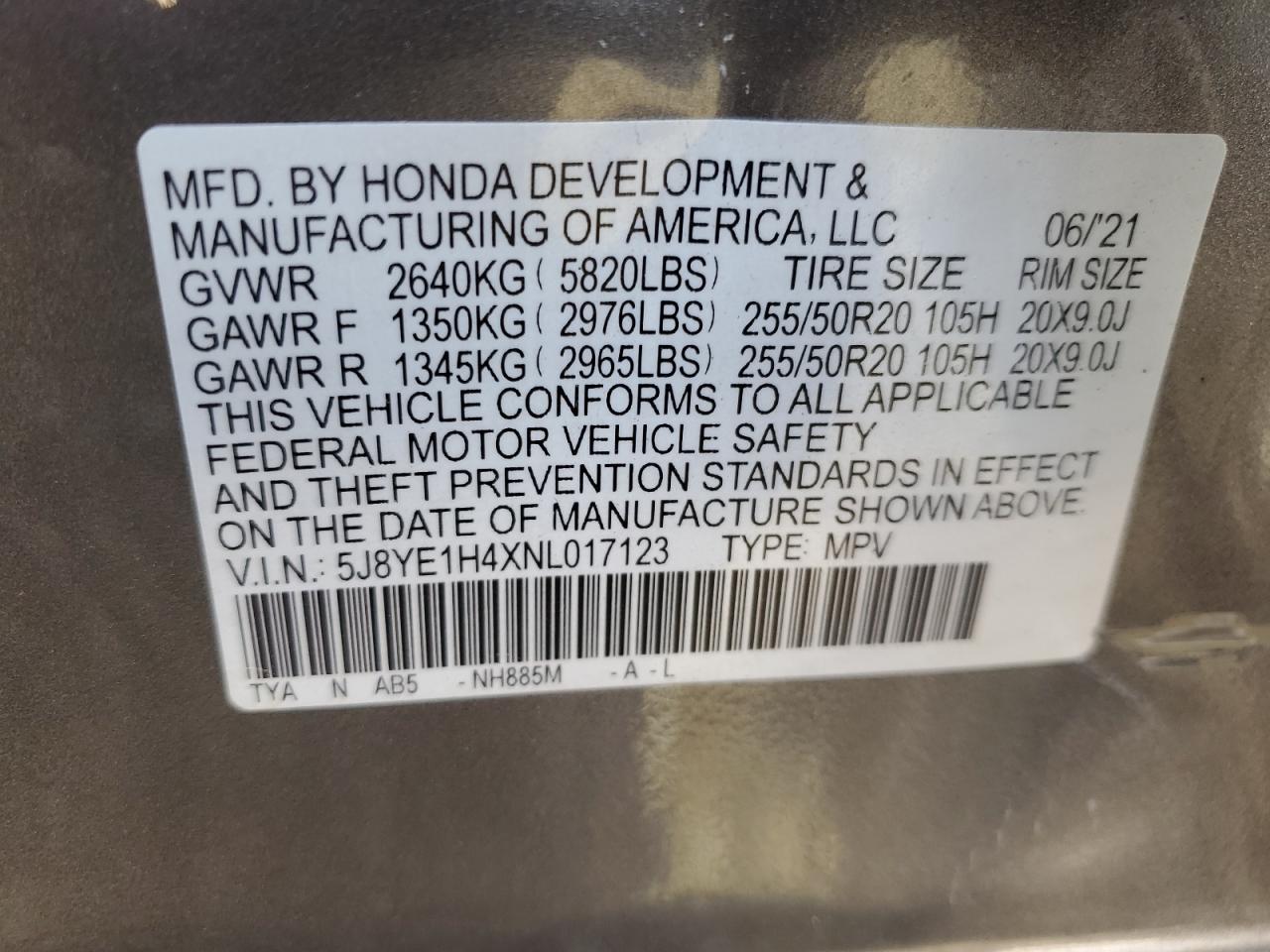 2022 ACURA MDX TECHNOLOGY VIN:5J8YE1H4XNL017123