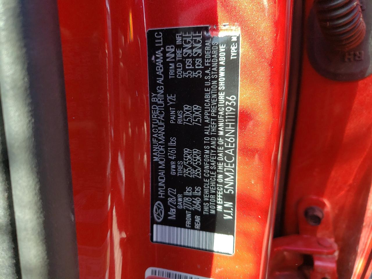 2022 HYUNDAI TUCSON LIMITED VIN:5NMJECAE6NH111936