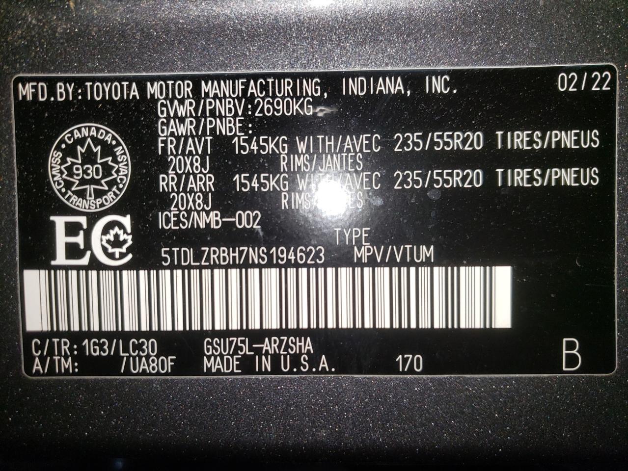 2022 TOYOTA HIGHLANDER XSE VIN:5TDLZRBH7NS194623