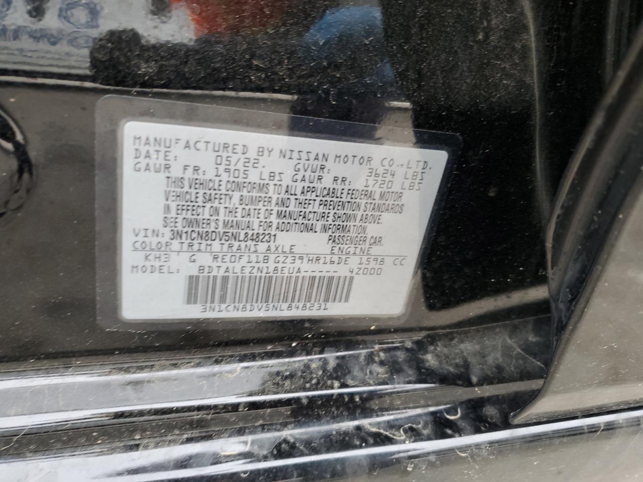 2022 NISSAN VERSA S VIN:3N1CN8DV5NL848231